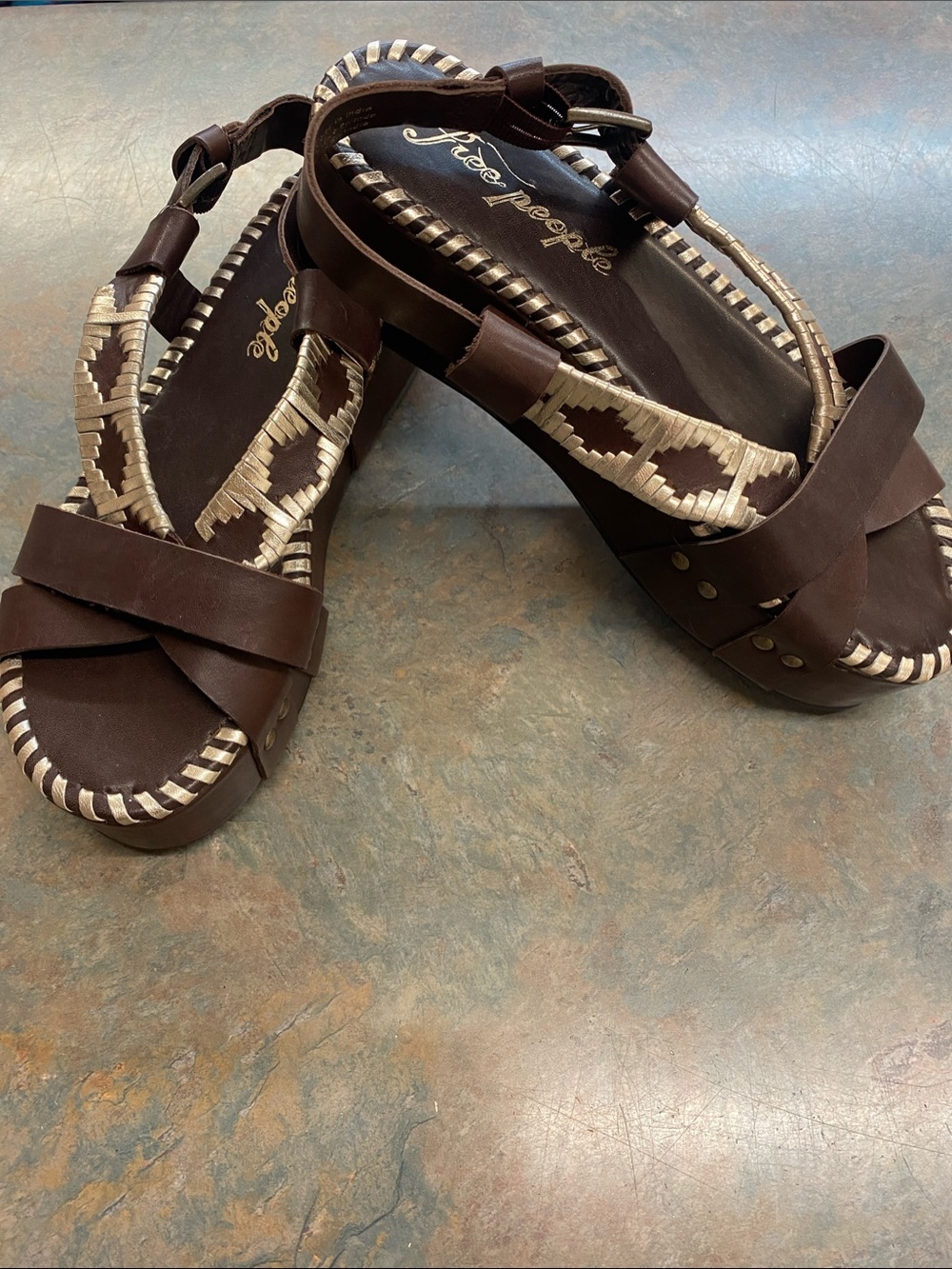 Free People Dark Brown Leather Braided Strap Sandals with Cream Trim